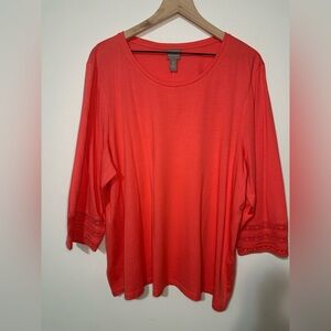 Chico's Scoop Neck Tee SZ 4 Embroidered  Sleeves Accent 3/4 Sleeves Color Coral